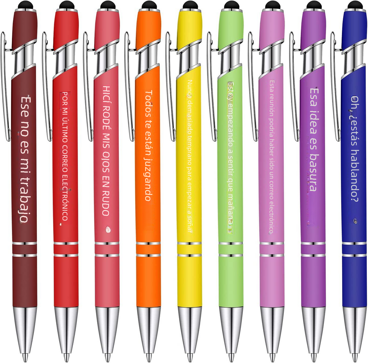 Sassy in our 40s Funny Pen Set, several metal click ballpoint pens arranged, highlighting unique designs.