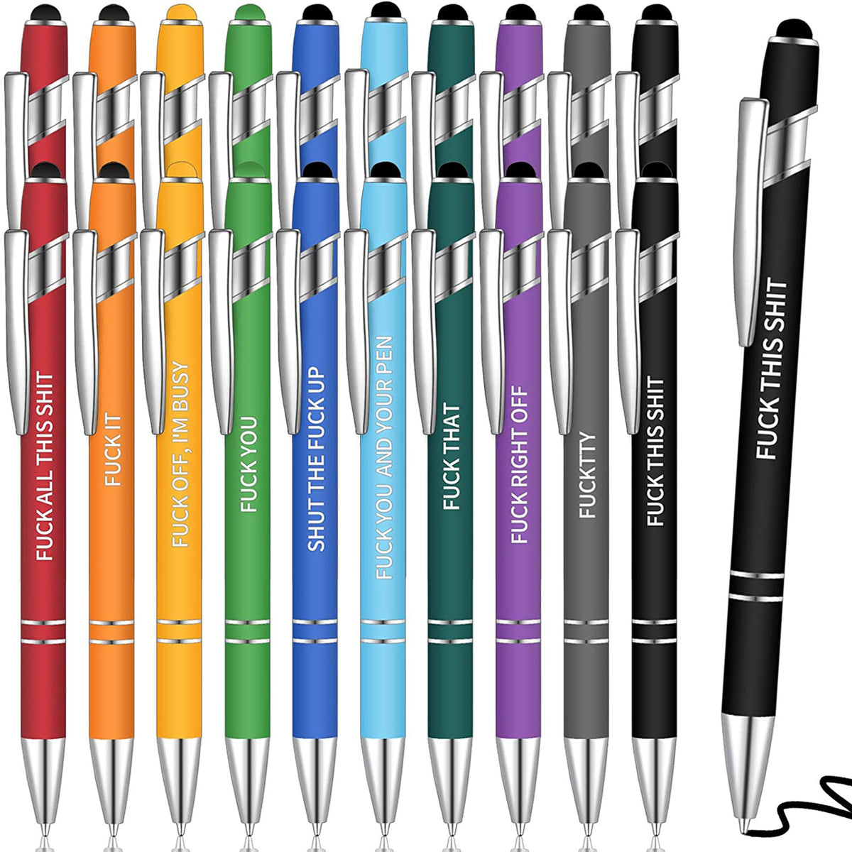 Group of Sassy in our 40s Funny Pen Set metal ballpoint pens, showcasing their individual humorous phrases.