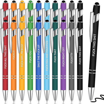 Group of Sassy in our 40s Funny Pen Set metal ballpoint pens, showcasing their individual humorous phrases.