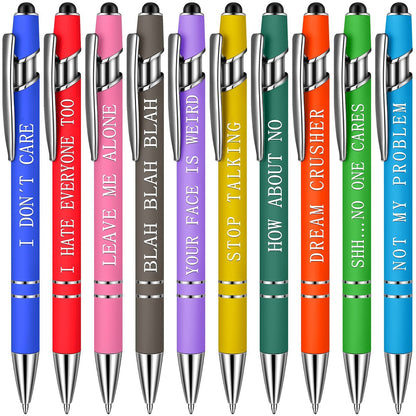 Sassy in our 40s Funny Pen Set, 10 colorful metal click ballpoint pens, full view for office or home.