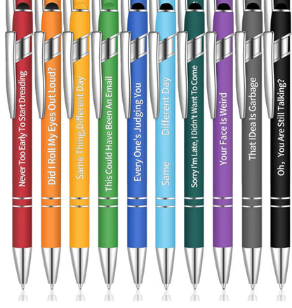 Sassy in our 40s Funny Pen Set, a single metal click ballpoint pen writing on paper, clear ink flow.