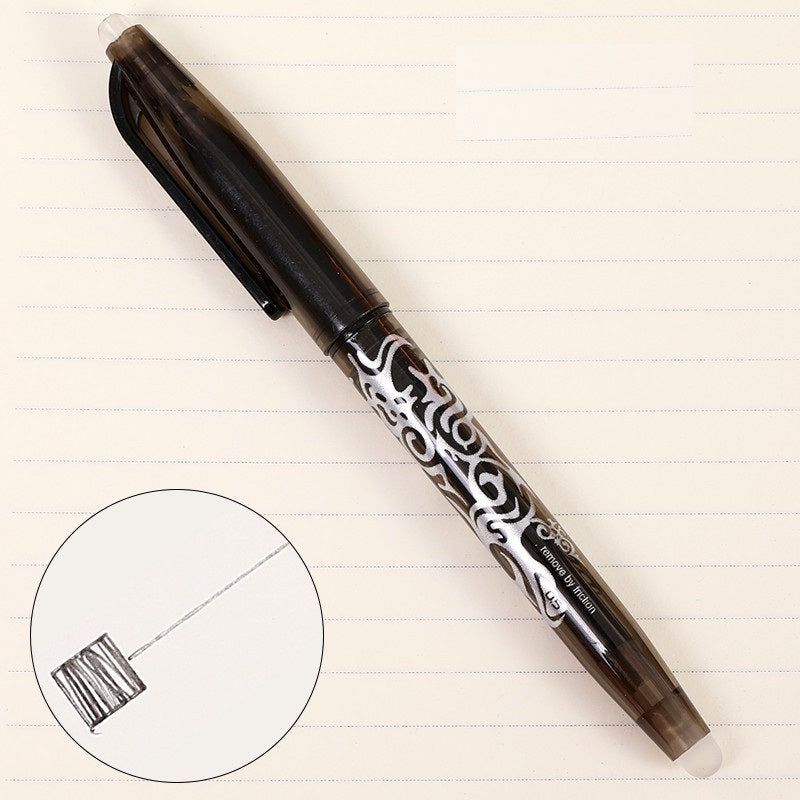 A hand holding a Sassy in our 40s Erasable Gel Pen, demonstrating its comfortable feel while writing on paper.