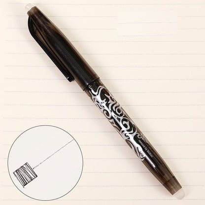 A hand holding a Sassy in our 40s Erasable Gel Pen, demonstrating its comfortable feel while writing on paper.