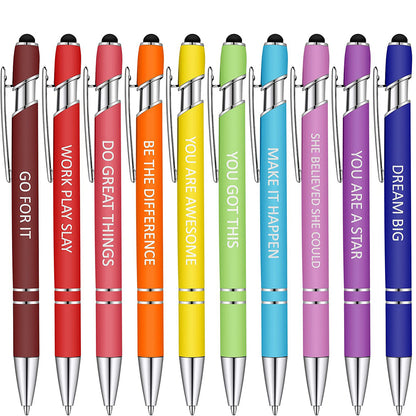 Packaging for the Sassy in our 40s Funny Pen Set, displaying the 10 metal click ballpoint pens inside.