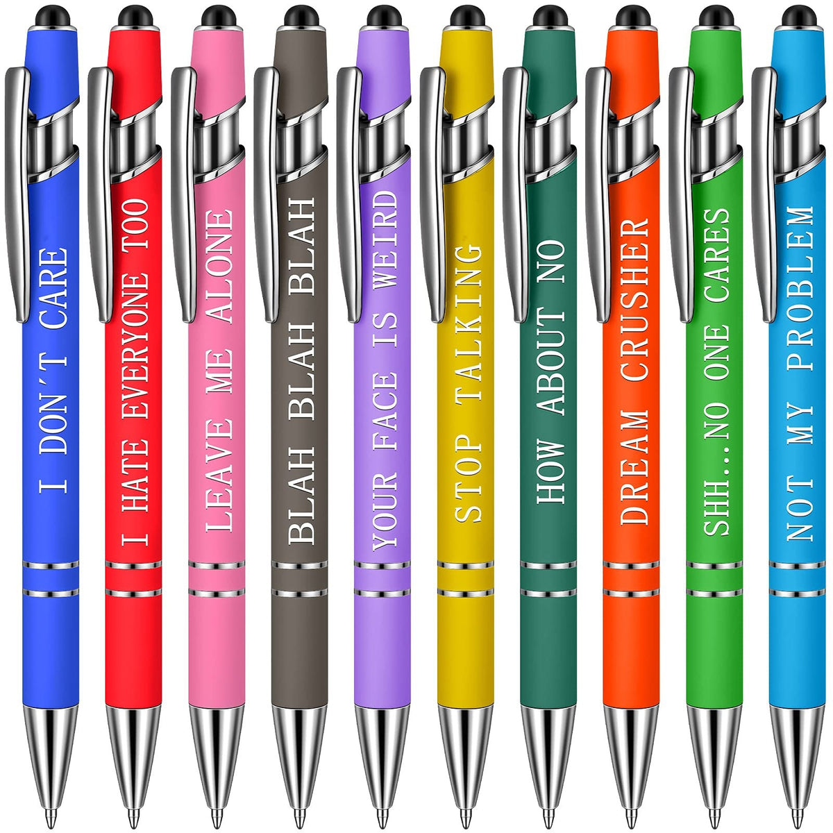 Overhead view of the Sassy in our 40s Funny Pen Set, emphasizing the complete collection of pens.